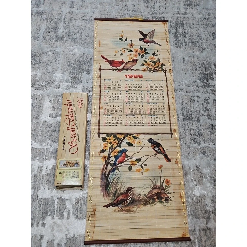 Vintage‎ 1986 Wooden Scroll Calendar Cane Wall Hanging Floral Scene Birds